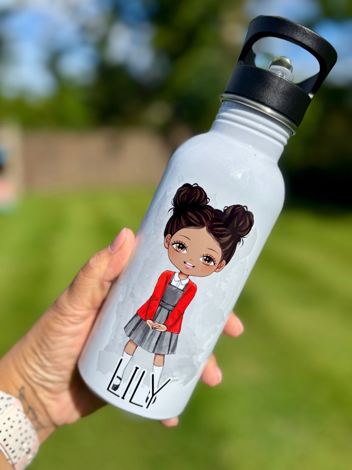 School Girl, Space Bun Hair, Uniform Water Bottle - Little Mamma Duck