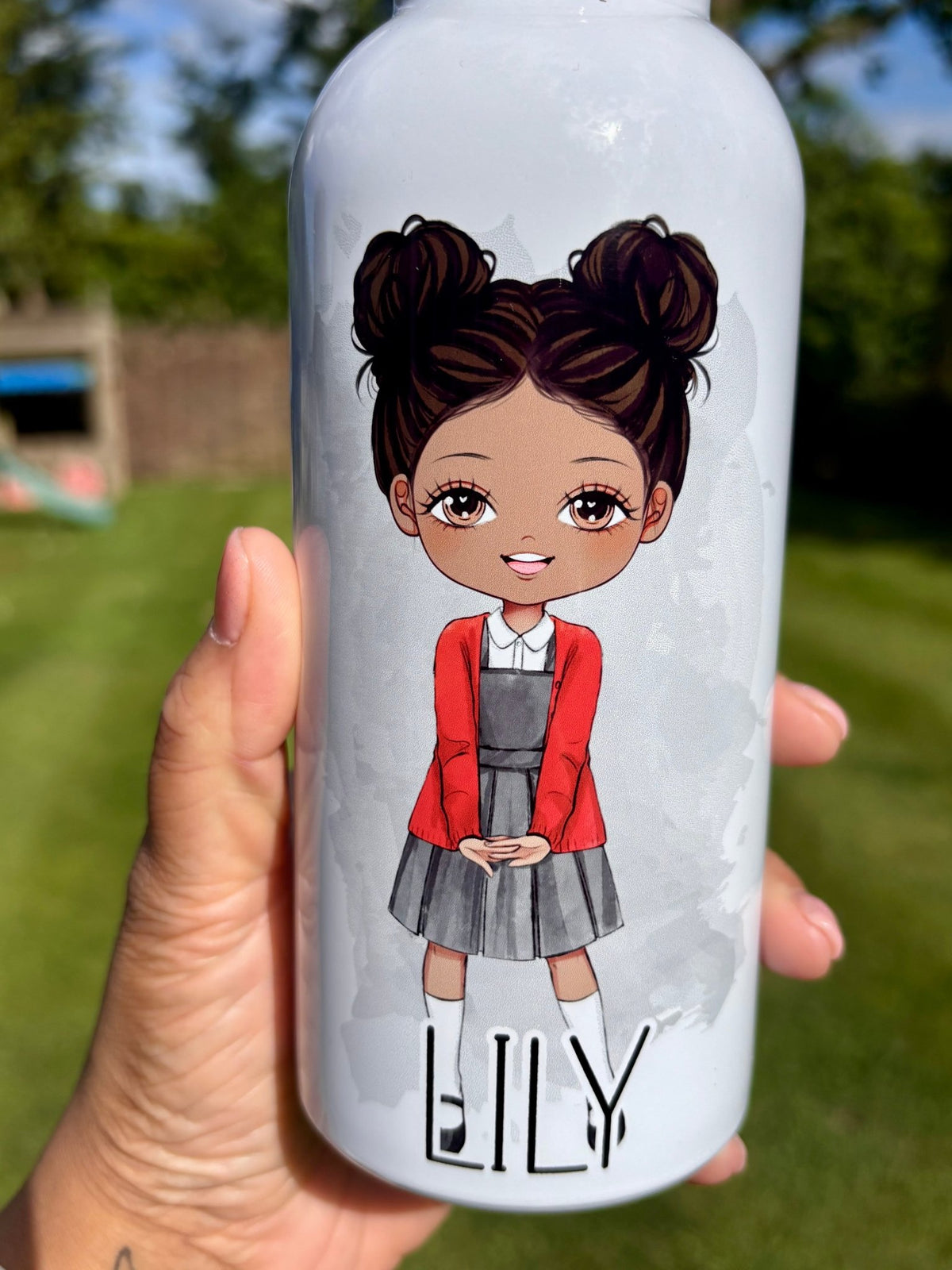 School Girl, Space Bun Hair, Uniform Water Bottle - Little Mamma Duck